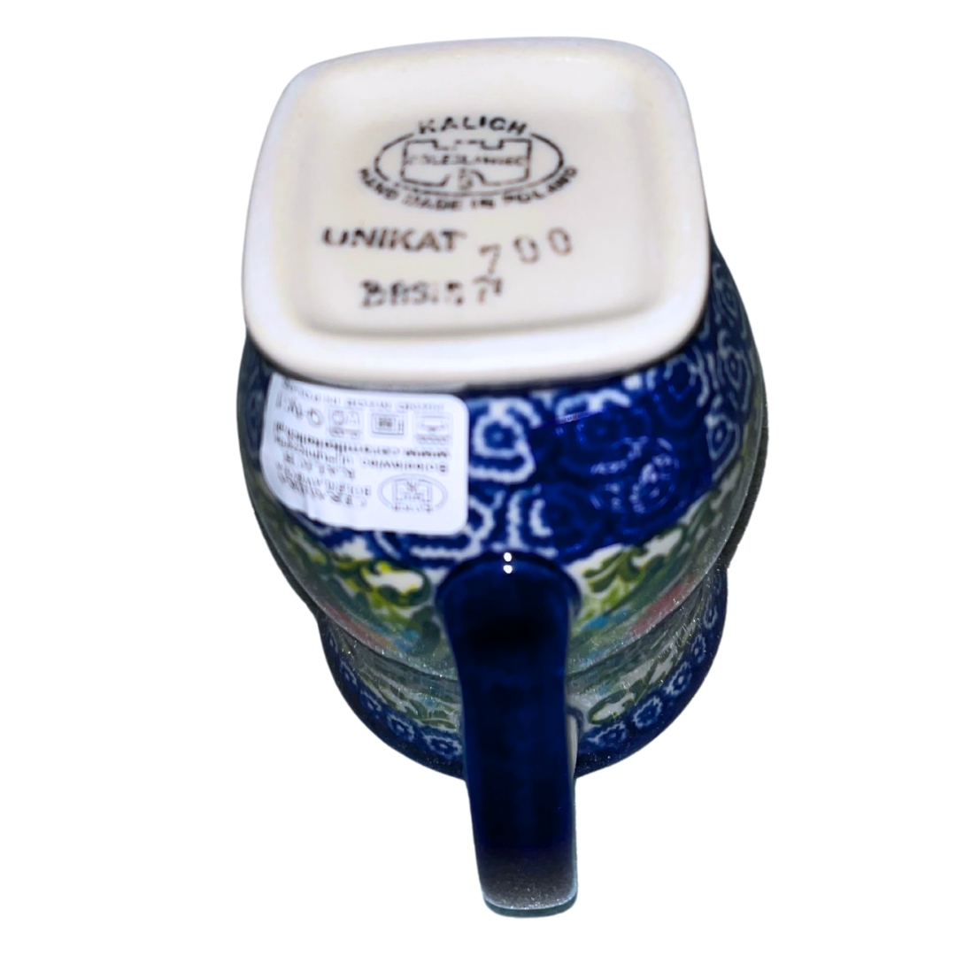 Kalich Polish Pottery Pattern 700 Tulips & Bees, hand-painted floral and bee design with cobalt accents, Bolesławiec stoneware, durable, dishwasher and microwave safe, spring garden theme.