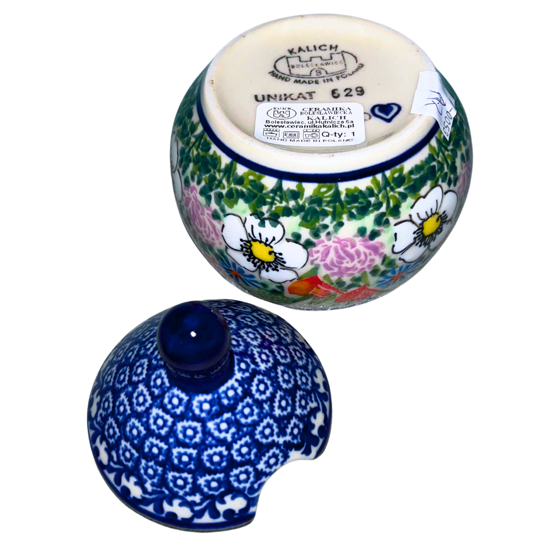Kalich Polish Pottery 629 Ophelia pattern, hand-painted floral and cobalt lace design, UNIKAT Bolesławiec stoneware, vibrant garden motif with classic blue detailing.