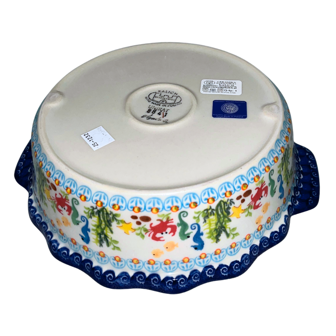 Handmade Ceramika Kalich Polish pottery in Pattern 884 Sealife with Red Crabs. Colorful coastal design featuring seahorses, starfish, and crabs. Microwave and dishwasher safe stoneware.