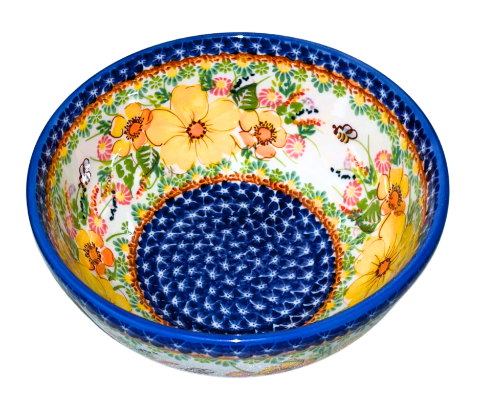 Kalich Polish Pottery 816 Golden Blossom Bee with yellow-apricot flowers, bee accents, and green foliage, framed by cobalt rim and detailed borders; hand-painted warm floral garden design.