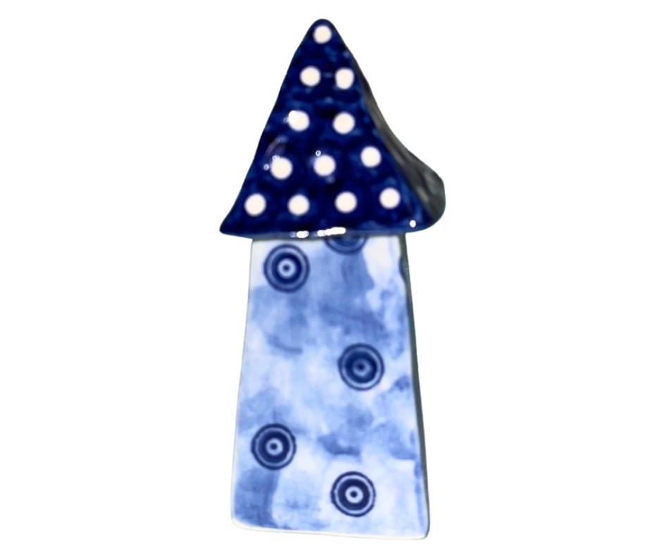 Handmade Polish pottery blue house by Kaola Studio. Whimsical folk art décor with a polka-dot roof, crafted in Poland. A charming accent for shelves or gifts.