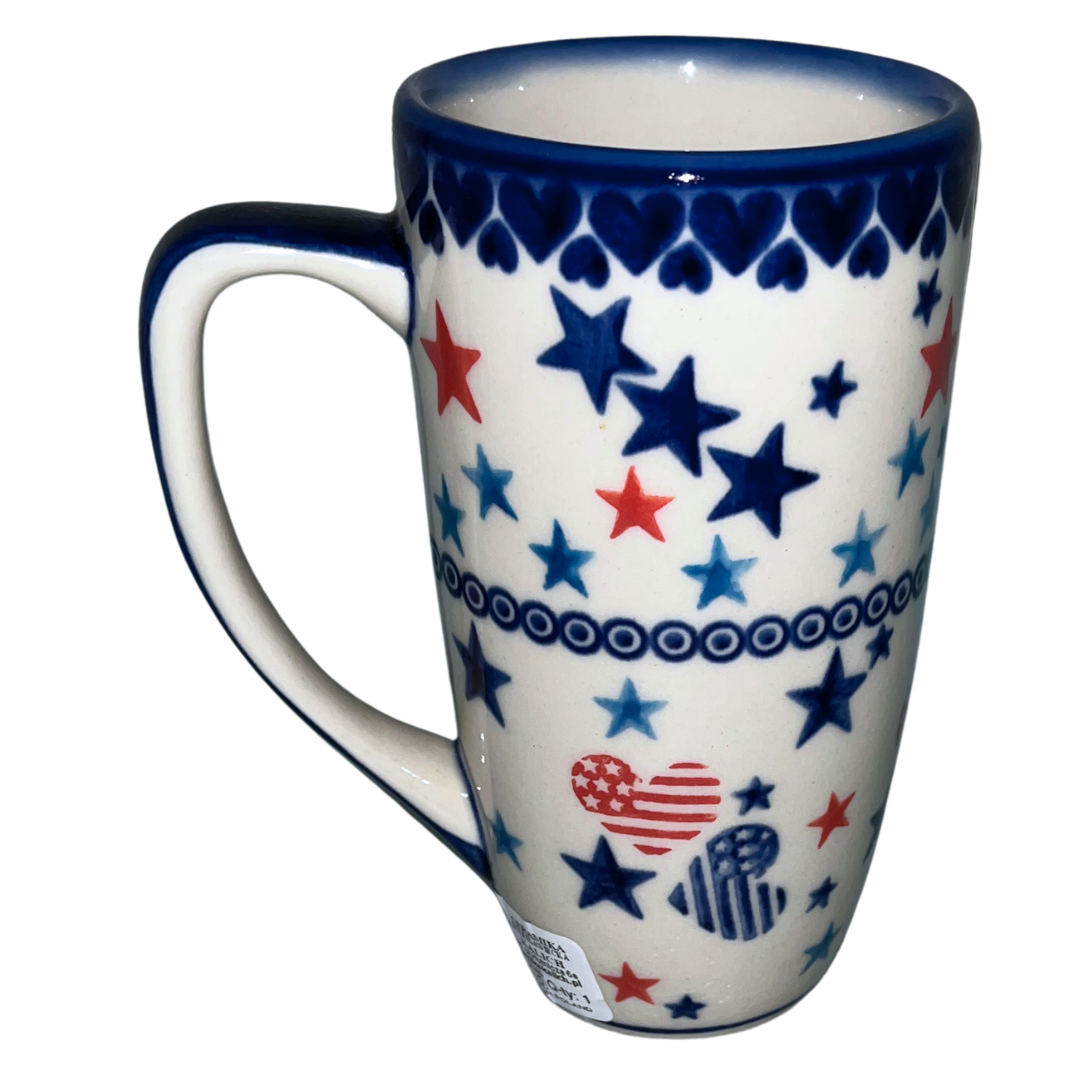 Ceramika Kalich Stars & Stripes features red, white and blue stars with patriotic heart motifs and cobalt accents. Hand-painted Polish pottery handcrafted in Poland.