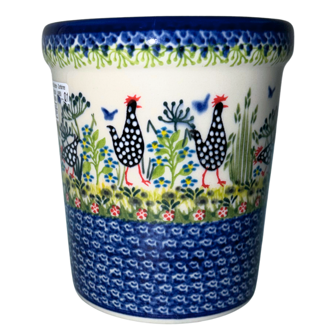 Ceramika Kalich Pattern 950 Polka Chicken Polish pottery with hand-painted hens and floral garden design.