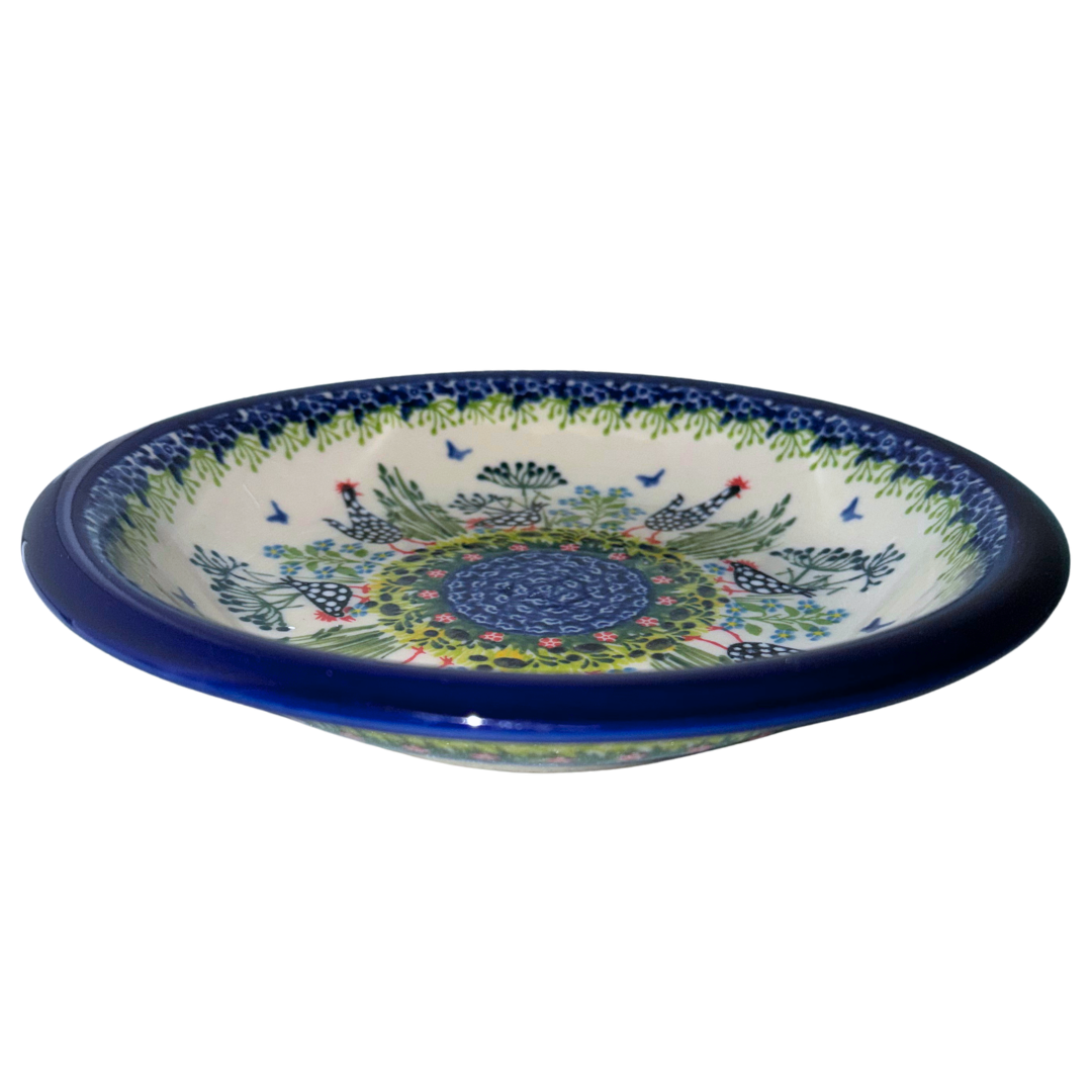 Ceramika Kalich Pattern 950 Polka Chicken Polish pottery with hand-painted hens and floral garden design.