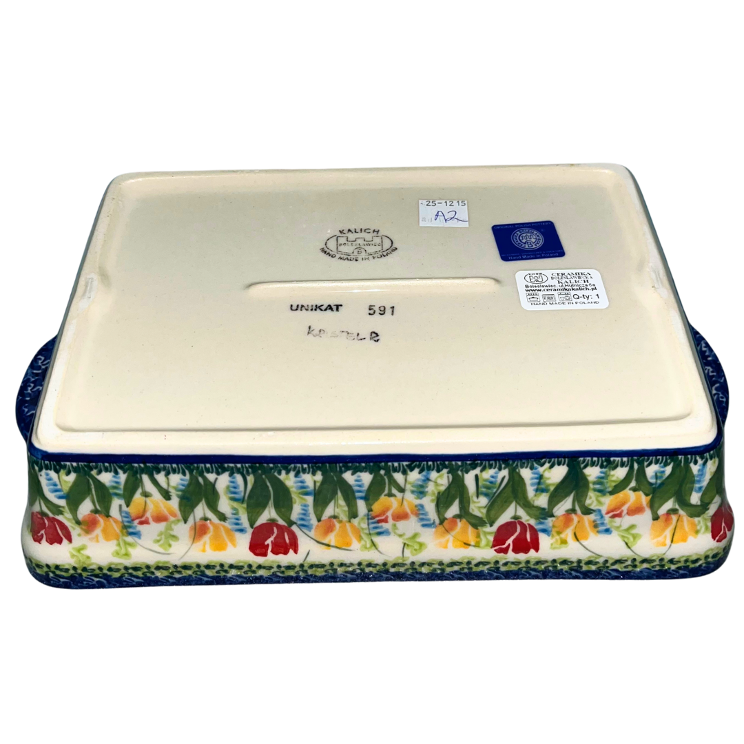 Kalich Polish Pottery Pattern 591 Tulips, hand-painted red and yellow floral design with cobalt accents, Bolesławiec stoneware, durable, dishwasher and microwave safe, vibrant spring pattern.