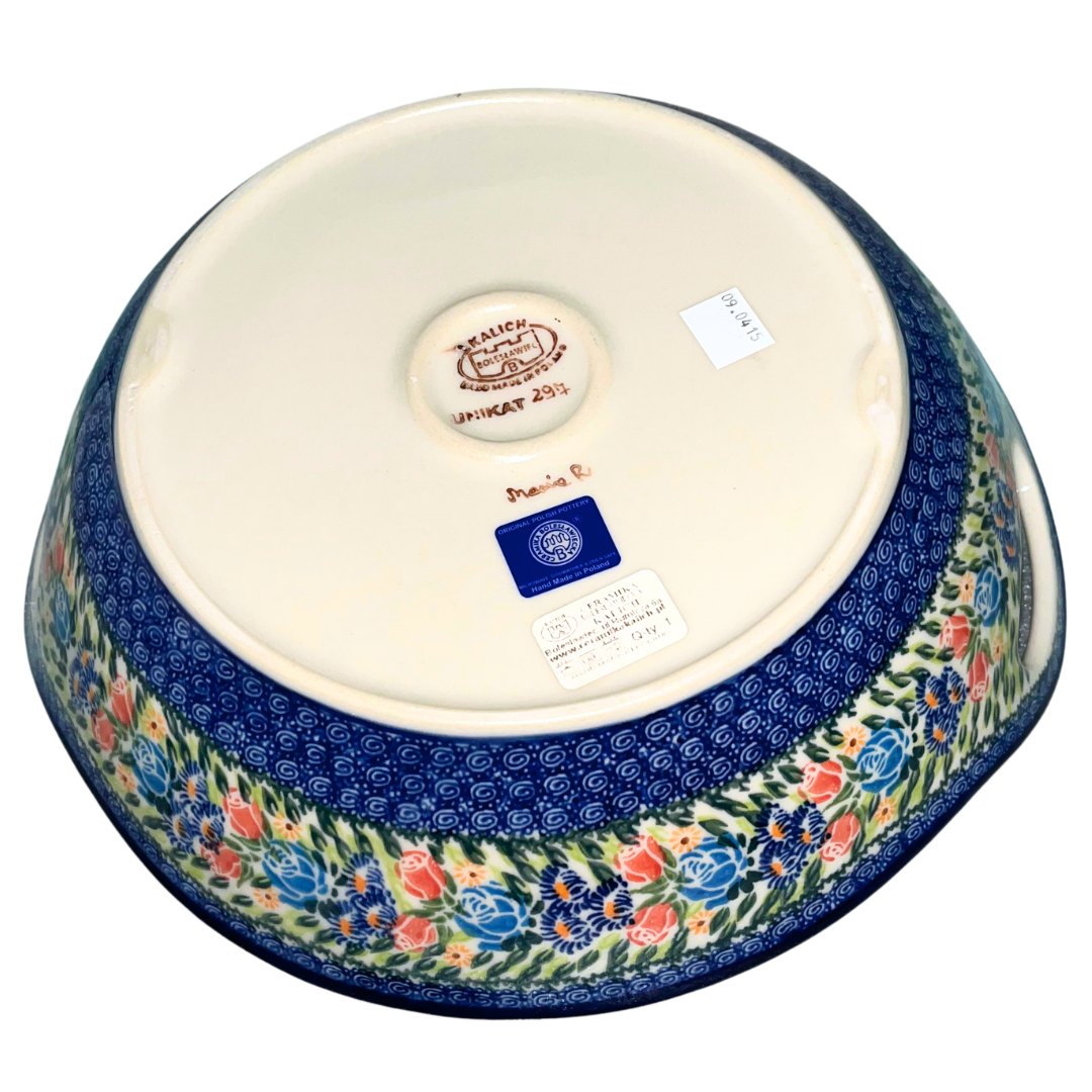 Handcrafted Ceramika Kalich Pattern 297 Small Roses Polish Pottery featuring delicate roses and cobalt accents. Oven, microwave, and dishwasher safe.