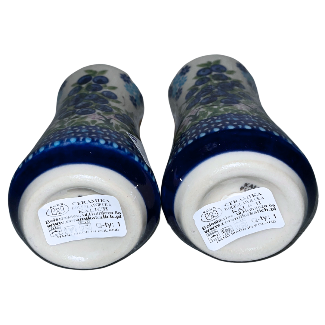 Kalich Polish Pottery Salt and Pepper 288 Blueberries, hand-painted berry and floral design with cobalt accents, Bolesławiec stoneware, durable, dishwasher and microwave safe, nature-inspired pattern.
