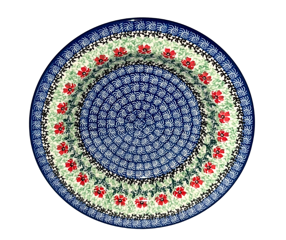 Ceramika Artystyczna Maraschino pattern 1916 Polish pottery. Hand-painted stoneware featuring red flowers and cobalt scrollwork. Dishwasher, microwave, oven, and freezer safe.