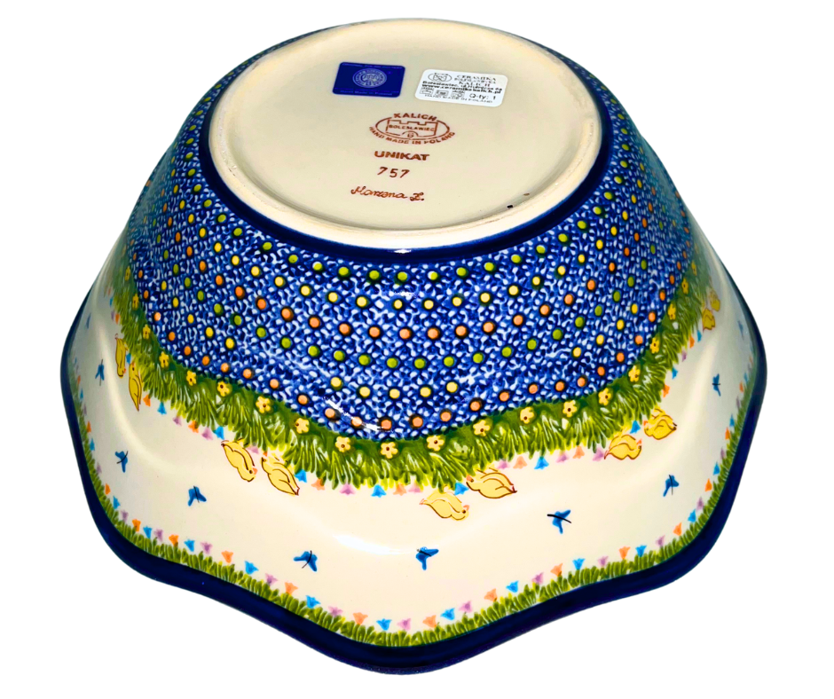 Kalich 11" wavy bowl, Unikat 757 Chicks pattern. Hand-painted Polish pottery from Boleslawiec. Scalloped edge stoneware, perfect for Easter basket or spring centerpiece.