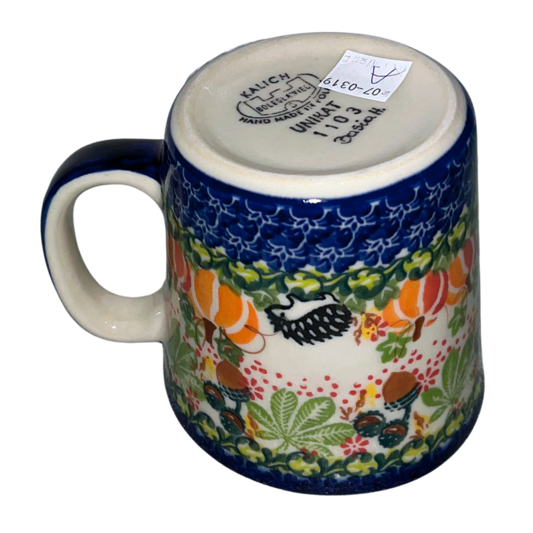 Kalich Polish Pottery Hedgehog Pumpkins Acorns pattern 1103 features hand-painted hedgehogs, pumpkins, and acorns in a vibrant autumn design on durable stoneware.