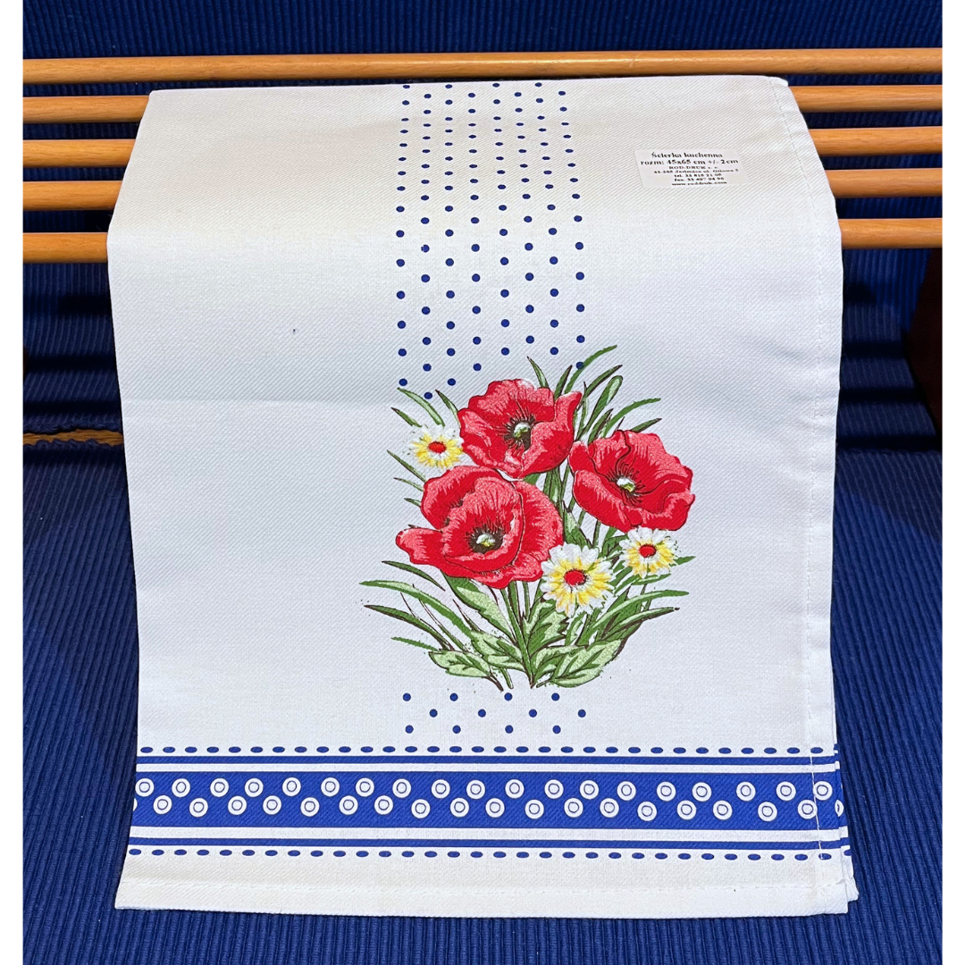 Kitchen Towel Set of 2 - 100% Cotton made in Poland, Red Poppy & Blue Accents Pattern
