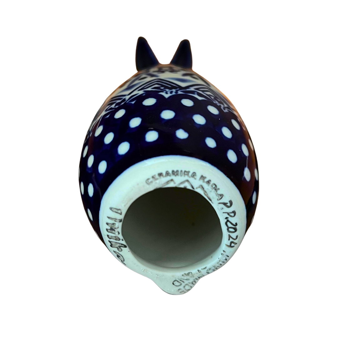 5.75" Polish pottery bunny by Kaola, hand-painted in cobalt patterns, signed PP 2024. Glossy, durable, collectible ceramic figurine.