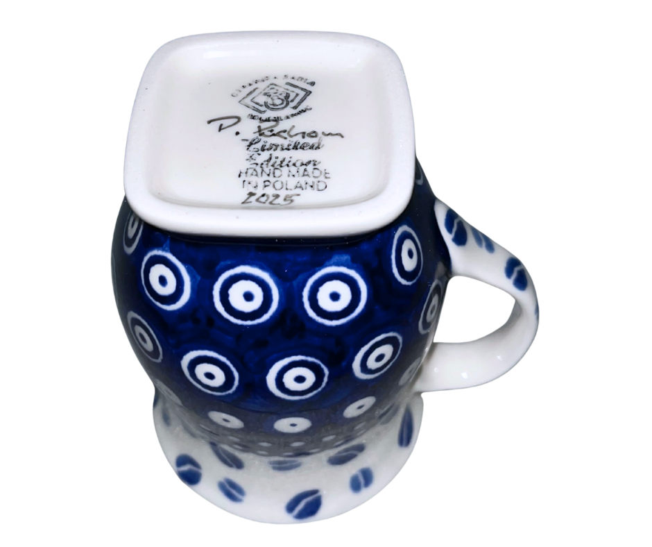 Limited Edition 2025 Polish pottery tulip mug by Kaola Studio, signed by artist P. Pachum. Hand-painted & stamped cobalt design, handmade in Bolesławiec, Poland.