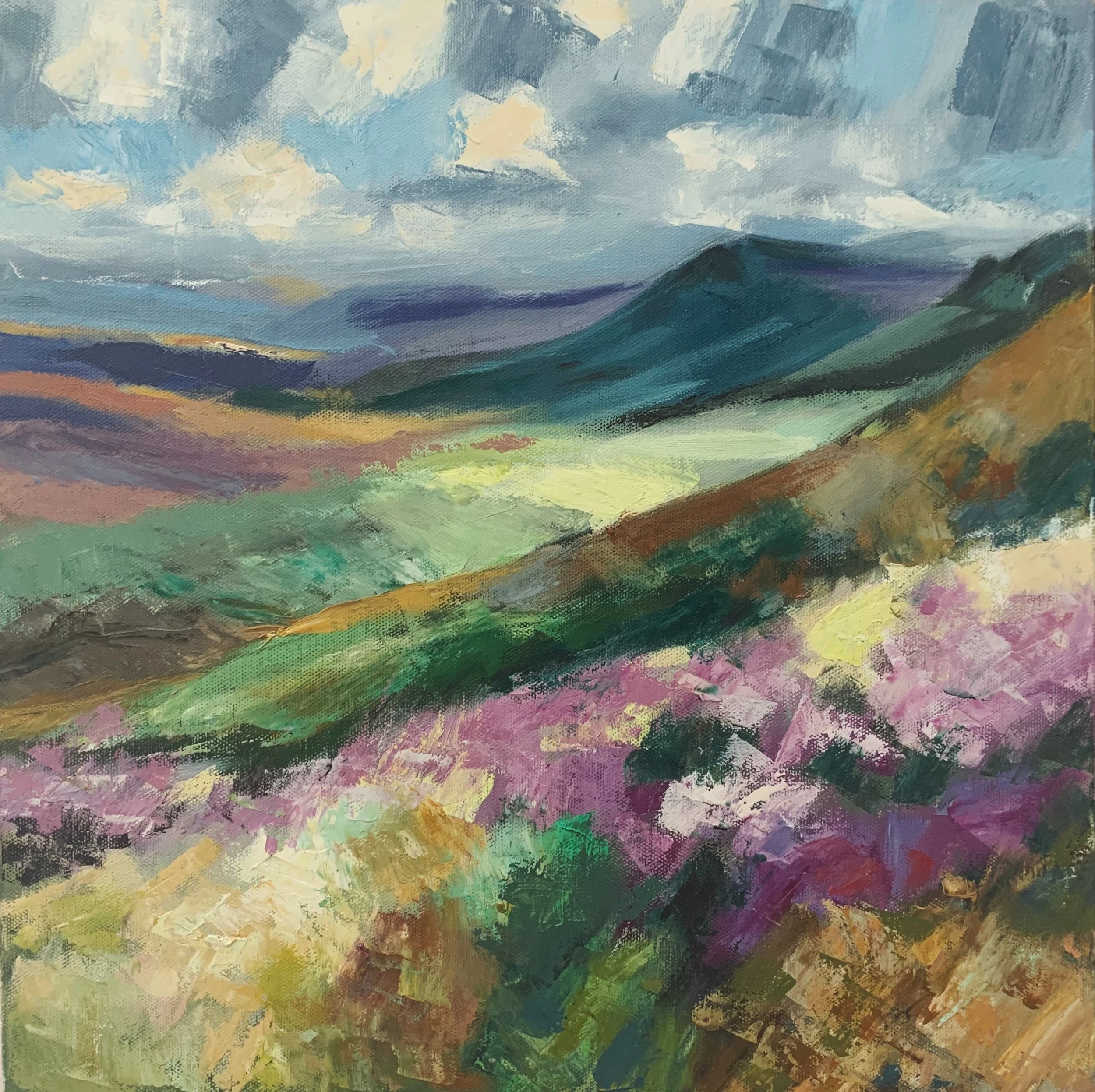 A colorful landscape painting of rolling hills, mountains, and a cloudy sky with vibrant brushstrokes.