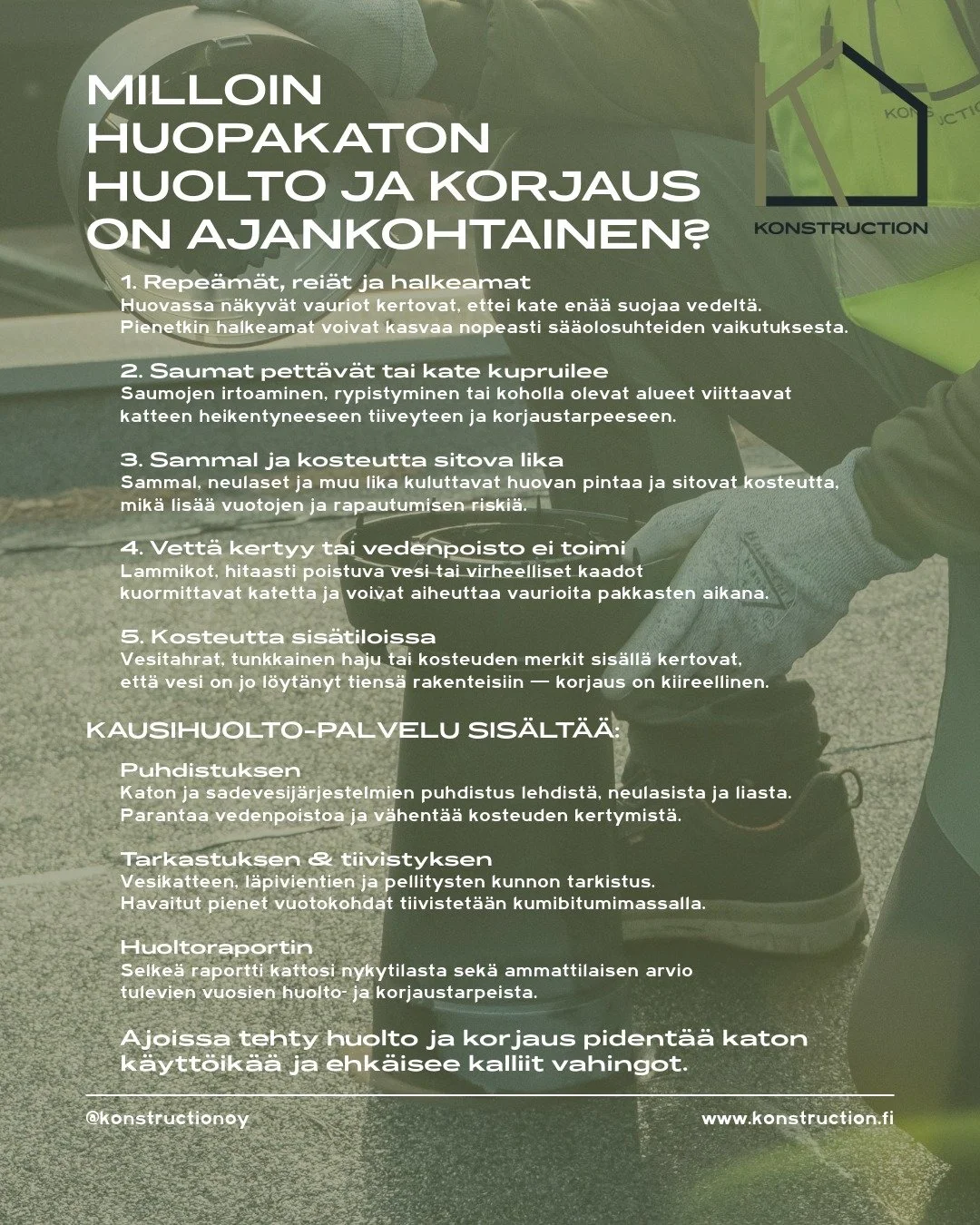 Huopakaton korjaus on ajankohtainen silloin, kun katon pinta tai vedenpoisto ei en&auml;&auml; toimi kuten pit&auml;isi 💧
Vauriot eiv&auml;t yleens&auml; synny yhdess&auml; y&ouml;ss&auml;, mutta kun ne huomataan ajoissa, korjaaminen on nopeaa ja ku