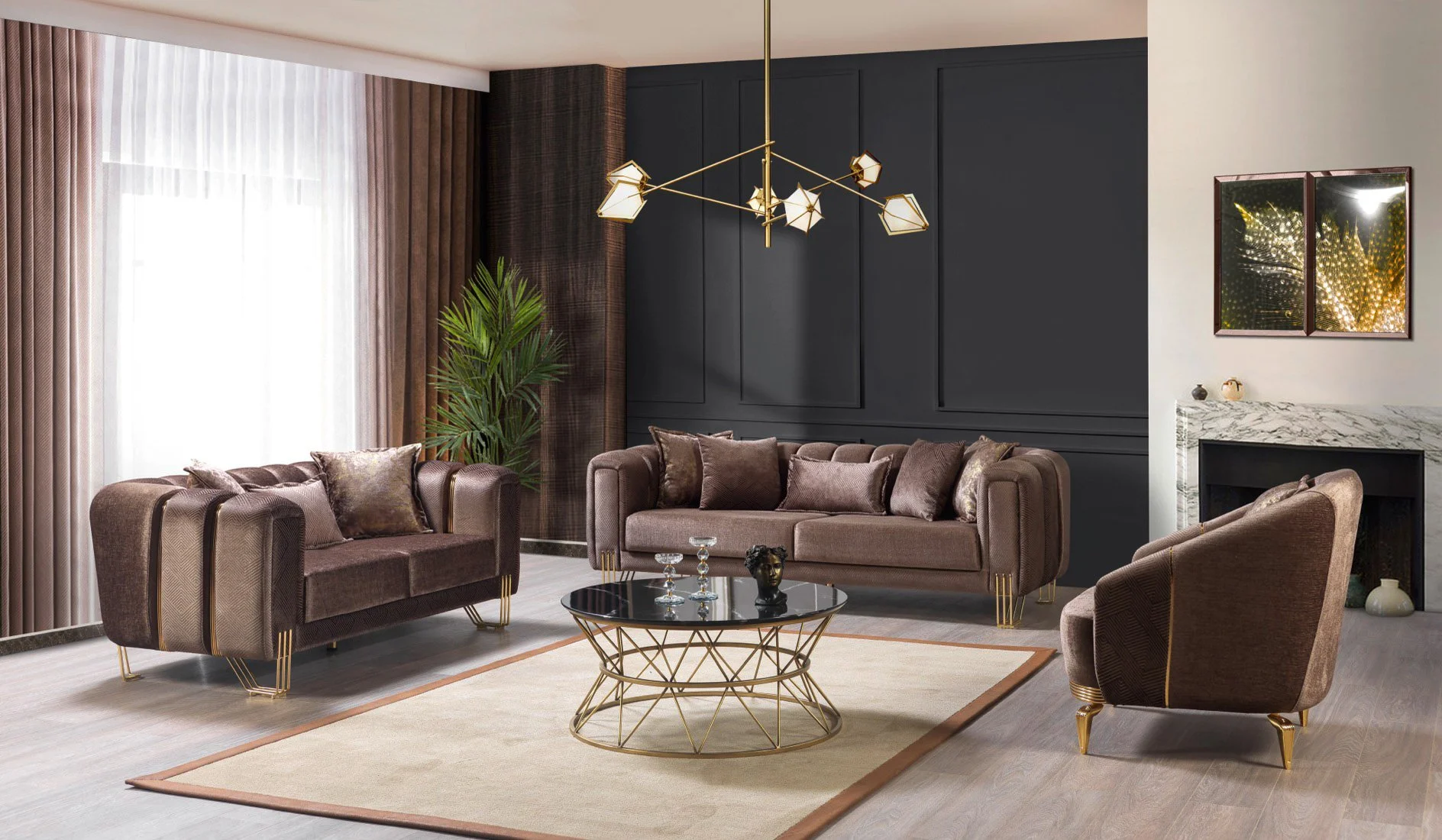 Diamond Living Room Set With Gold Accents, Brown Velvet