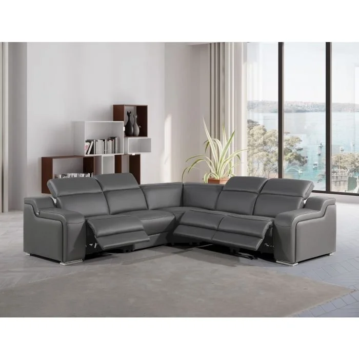 1116 DivanItalia 5-Piece L-Shaped Sectional Sofa in Top Grain Italian Leather with 3 Power Recliners & Power Headrests