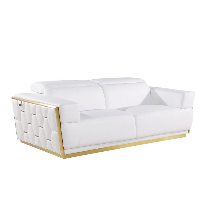Cream Leather Sofa With Adjustable Headrest And Gold Frame