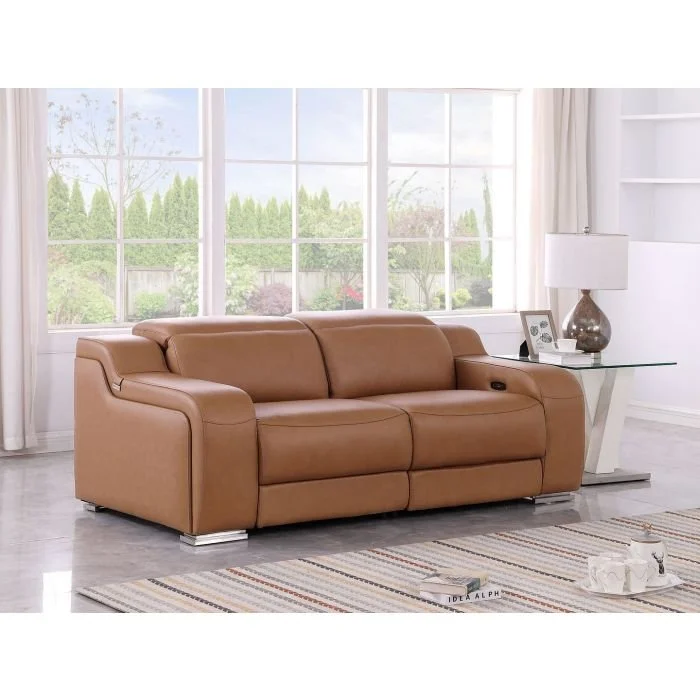 2-Piece Modular Power Reclining Loveseat in Beige Top Grain Italian Leather with 2 Power Recliners