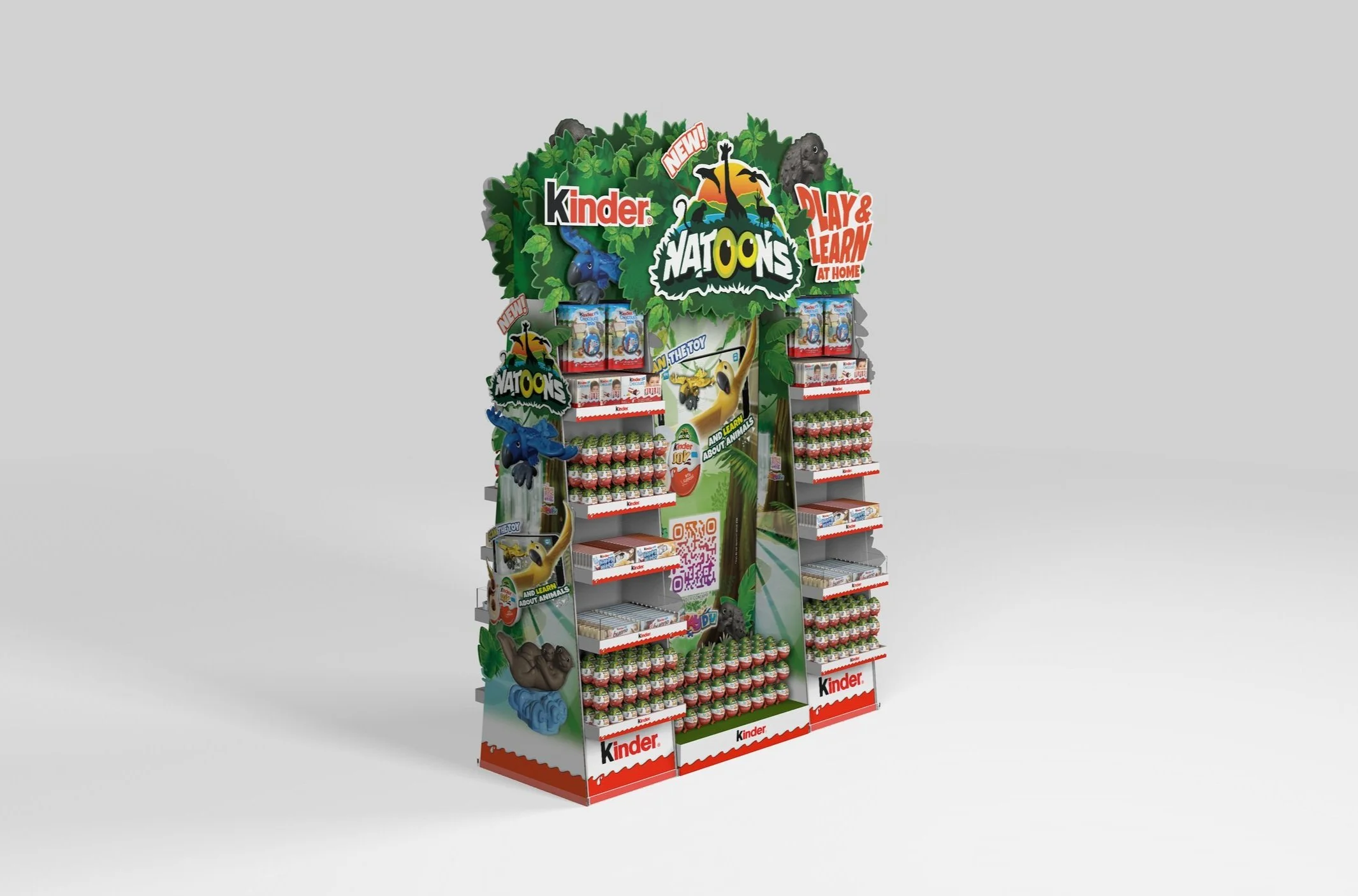Kinder Natoon display stand with products and jungle-themed design.