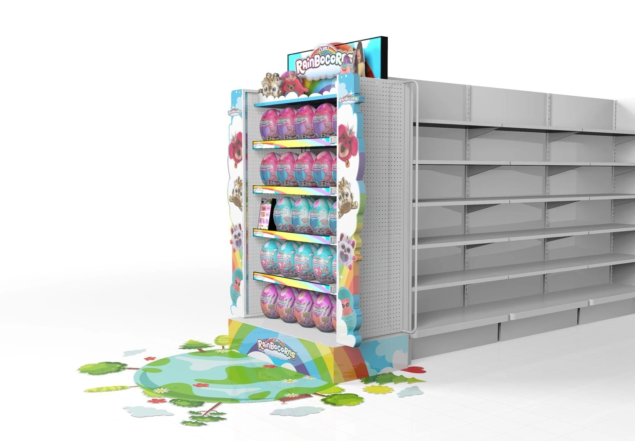 Retail display of Rainbocorns toys on colorful shelves, featuring egg-shaped packaging and bright graphics, in front of empty store shelving.