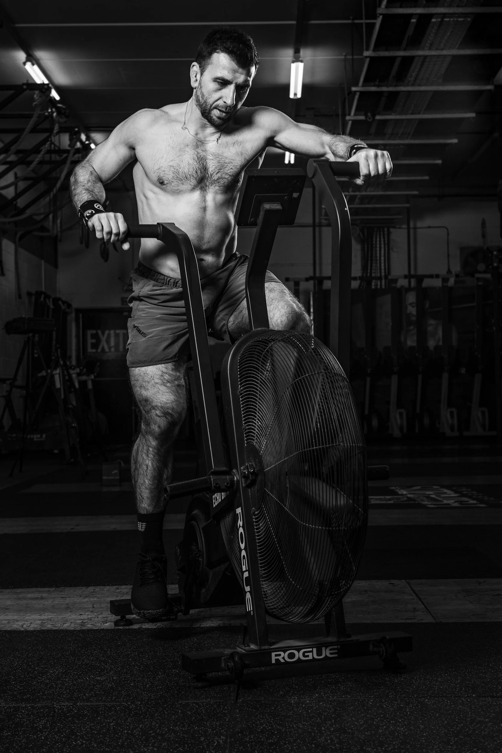 Alexander (Sasha) Voronov cycling at CrossFit Skirmish gym in Edinburgh. Image © Colin Henderson Photography. Permission required before use. To license this image, please contact me quoting the file reference, size required and your planned end usag