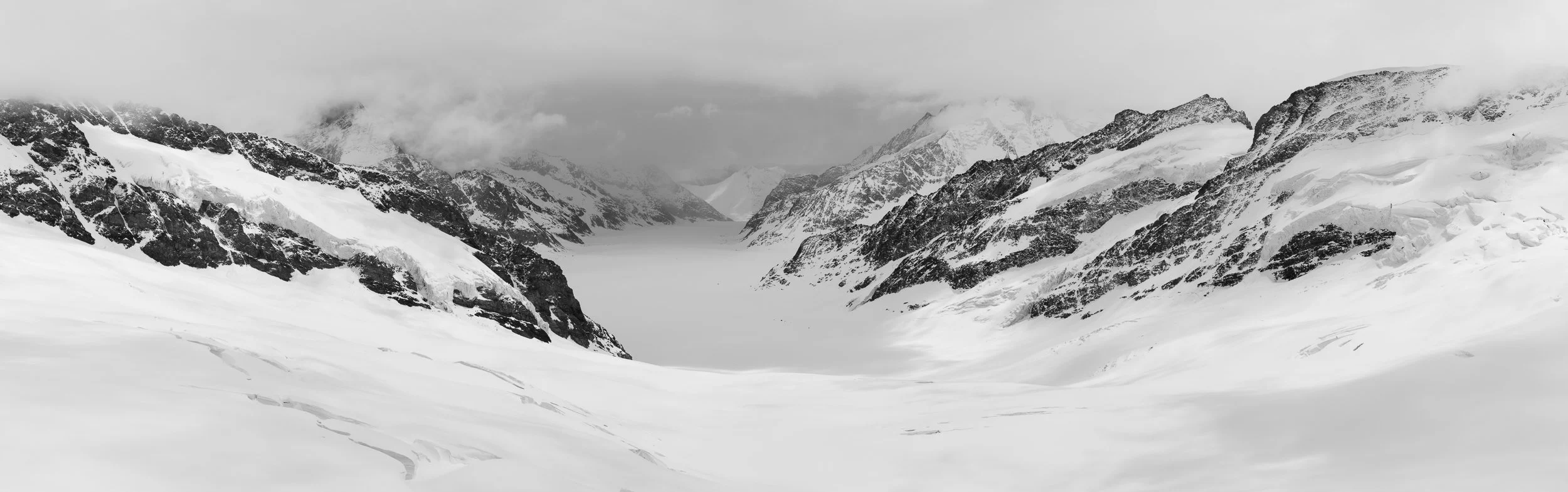 Panorama of the Aletsch Glacier, the largest glacier in the European Alps, from Jungfraujoch in Switzerland.