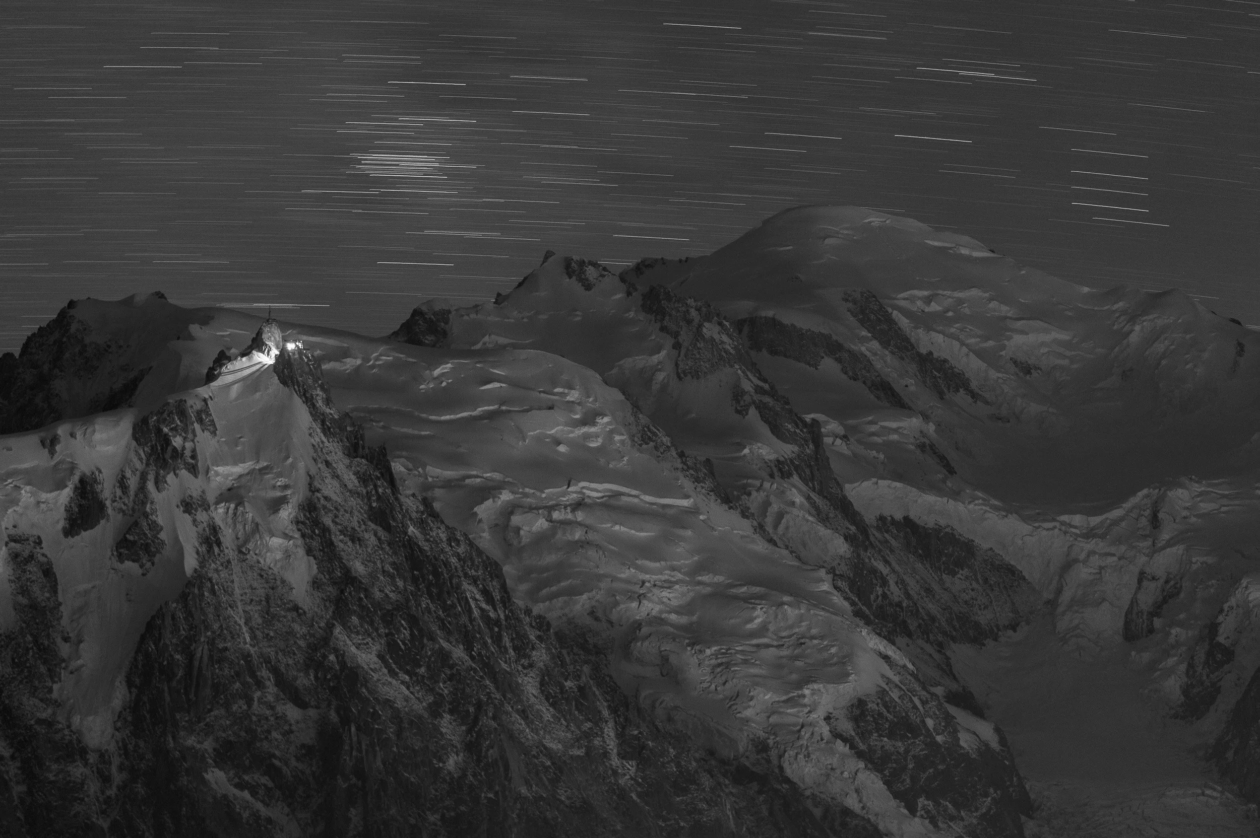 Aiguille du Midi station and Bossons Glacier at night
