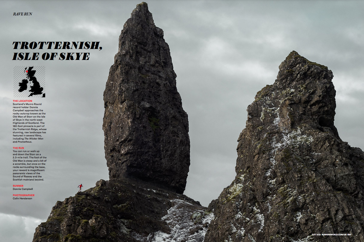 Donnie Campbell running on the Old Man of Storr in the Isle of Skye, Scotland