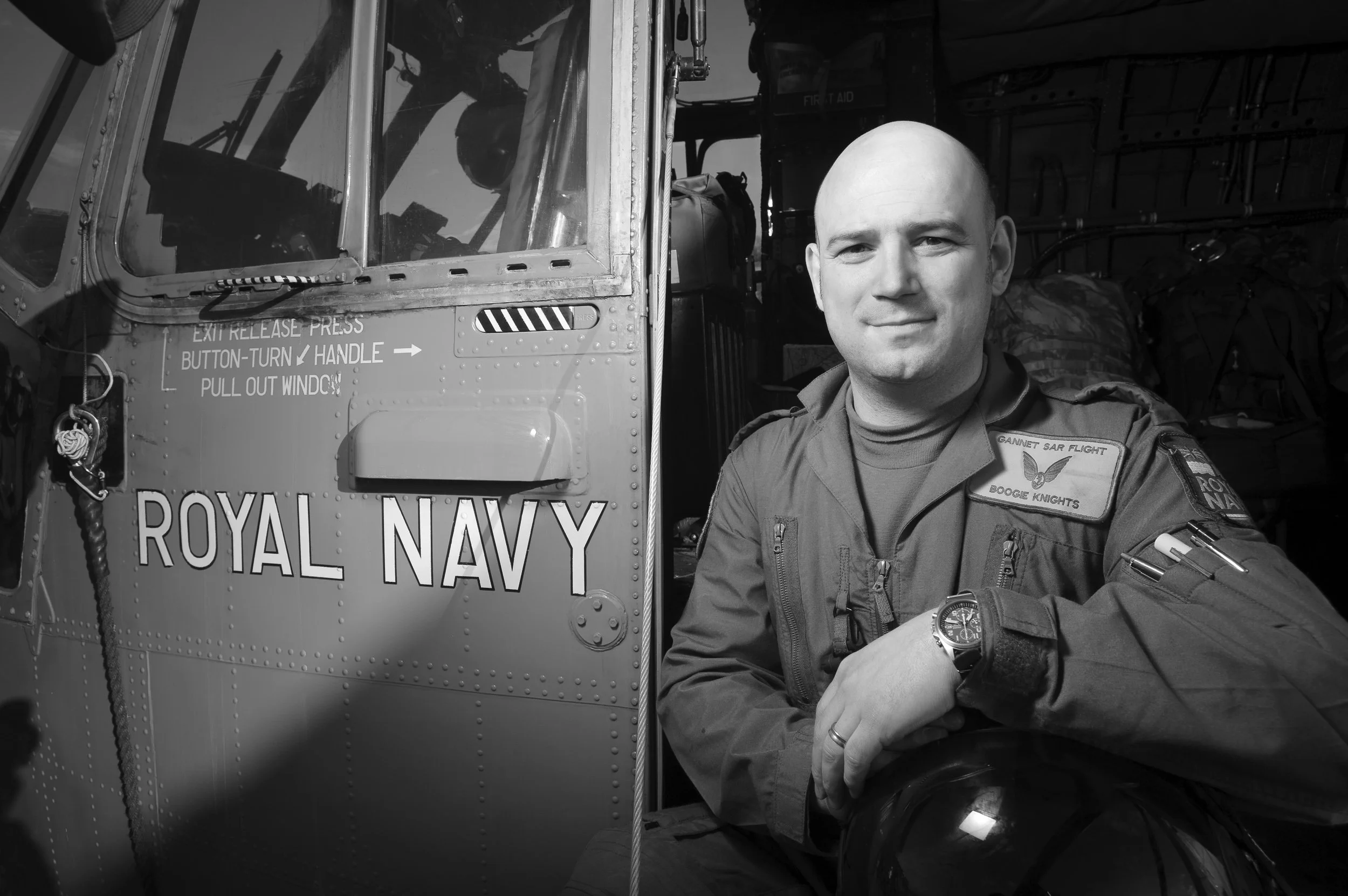 Petty Officer Aircrewman Shaun 'Boogie' Knights of the Royal Navy's HMS Gannet Search and Rescue flight,