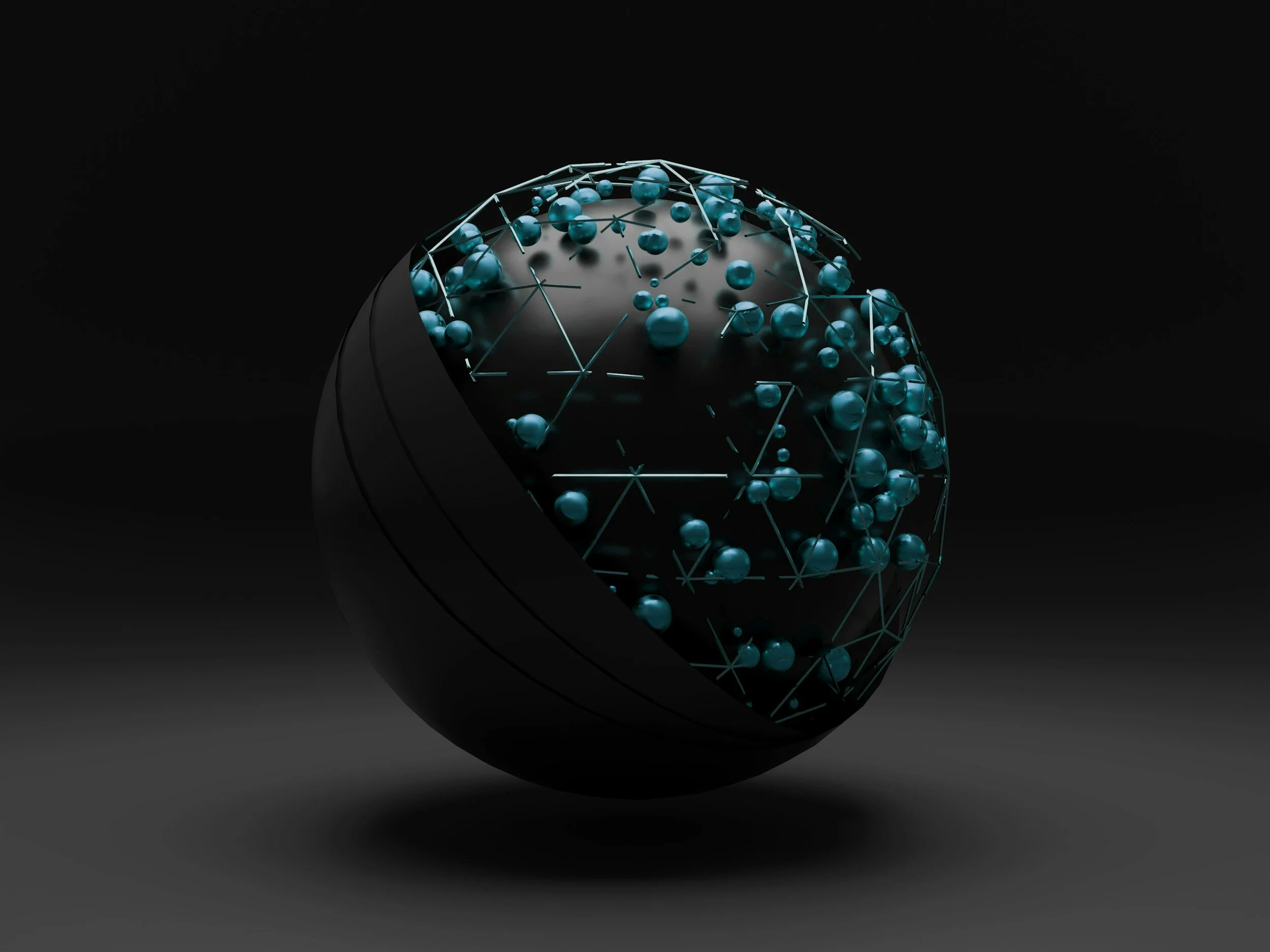 A spherical object with a metallic surface, partially enclosed in a dark, curved shell, featuring interconnected nodes and blue spheres on a black background.