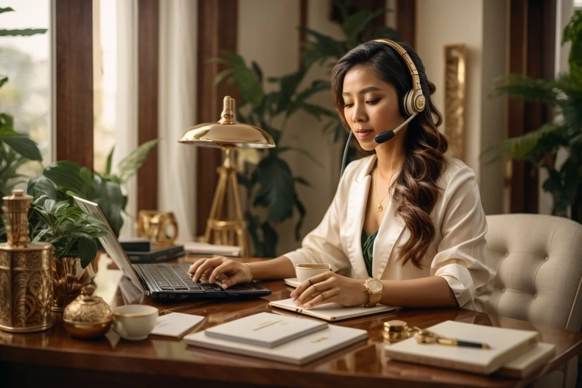 Businesswoman with long wavy hair wearing a beige blazer and headset, working at a wooden desk with laptop, notebooks, and decorative gold items, in a well-lit office with green plants.