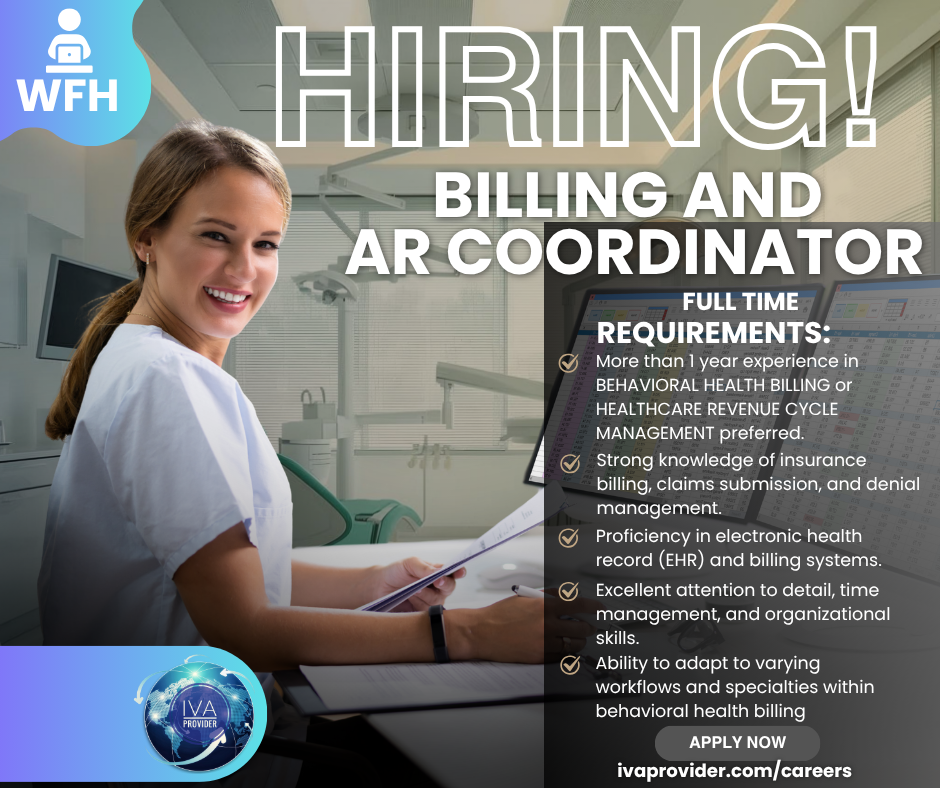 A smiling woman in a medical uniform holding a clipboard in a hospital or clinic setting with a computer monitor and medical equipment in the background. The image promotes hiring for billing and AR coordinator positions.