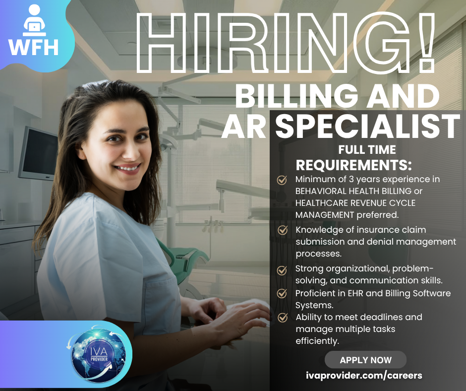 A smiling woman in healthcare scrubs sitting in a medical office with a computer monitor, advertising a job opening for a billing and AR specialist, with requirements and an apply link.