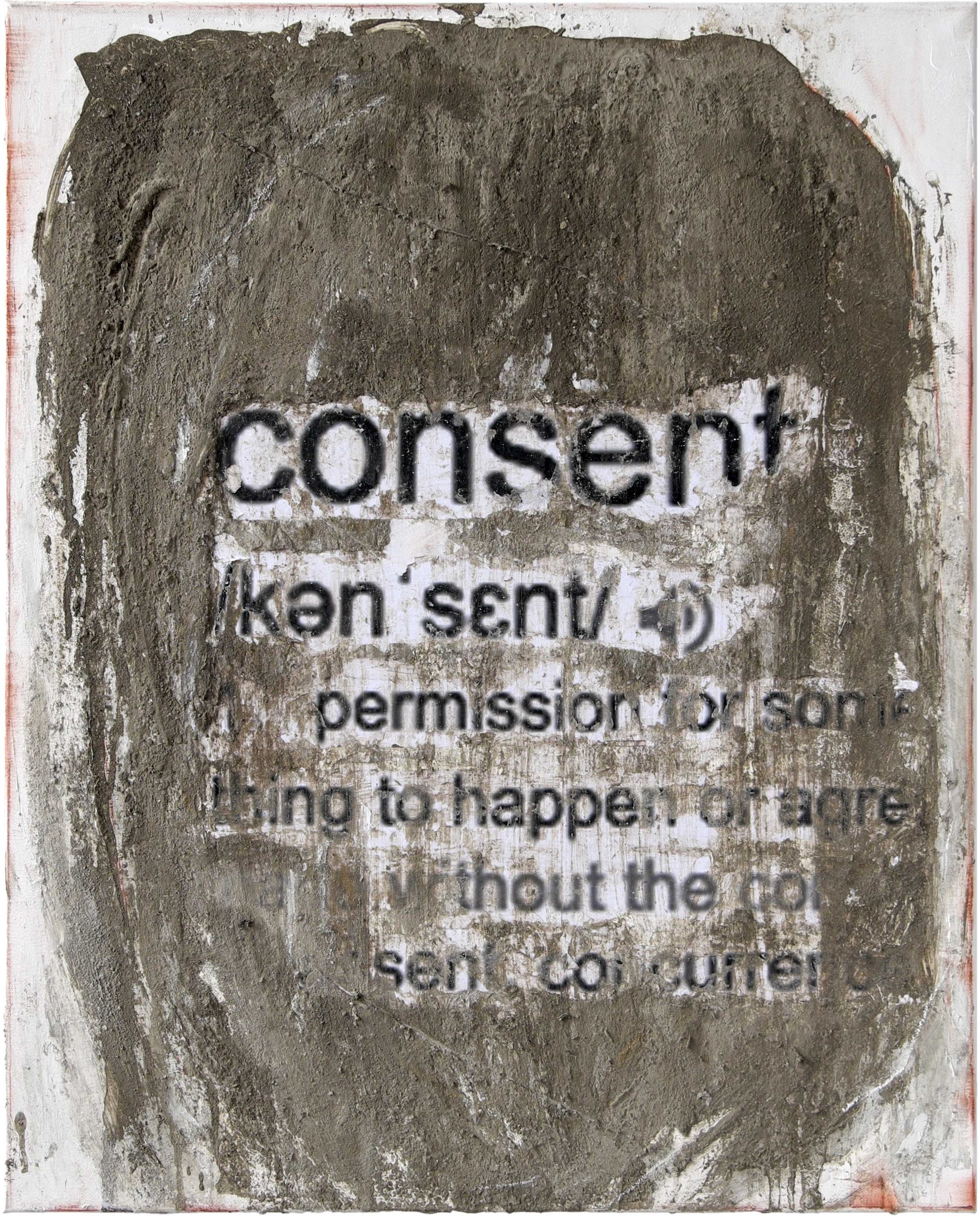 Consent, concrete, collage, pastels on canvas, 80 x 100 cm, 2018