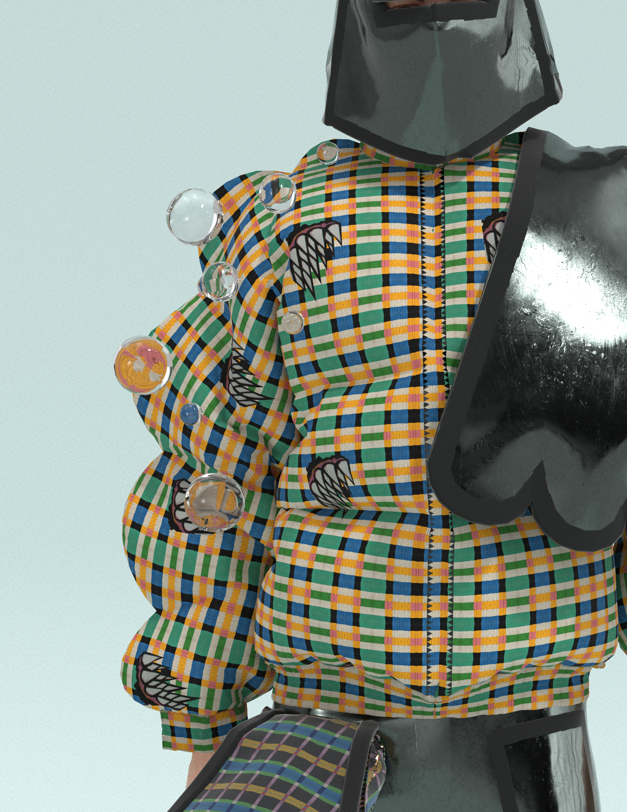 Close-up of a mannequin dressed in a colorful plaid jacket with cartoonish designs, holding a metallic star-shaped object, with a light blue background.