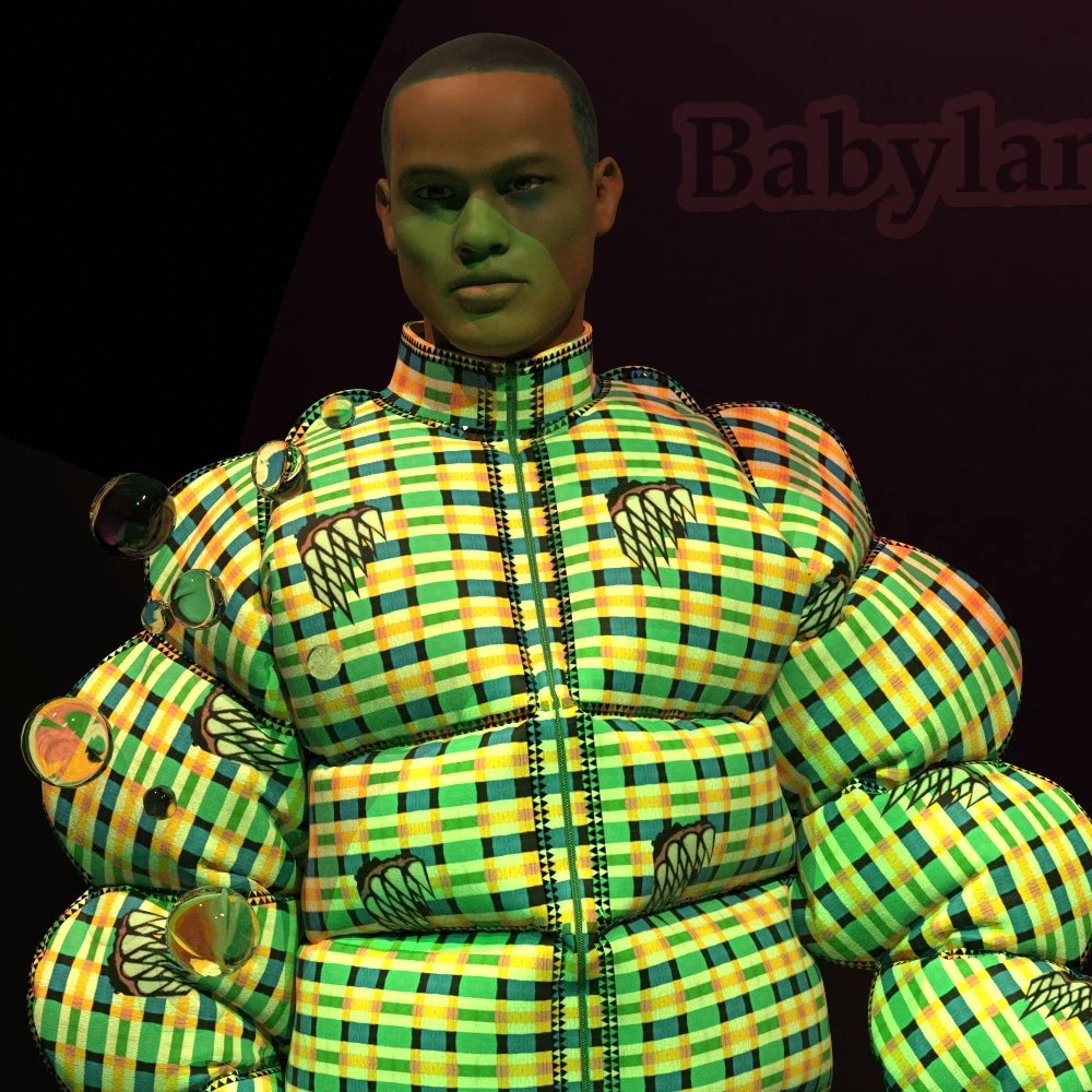 A mannequin wearing a vibrant, patterned, puffy jacket with a checkered design in yellow, green, and black, accented with cartoonish claw marks, displayed in a store or exhibit with a dark background and the partially visible word "Babylandia".