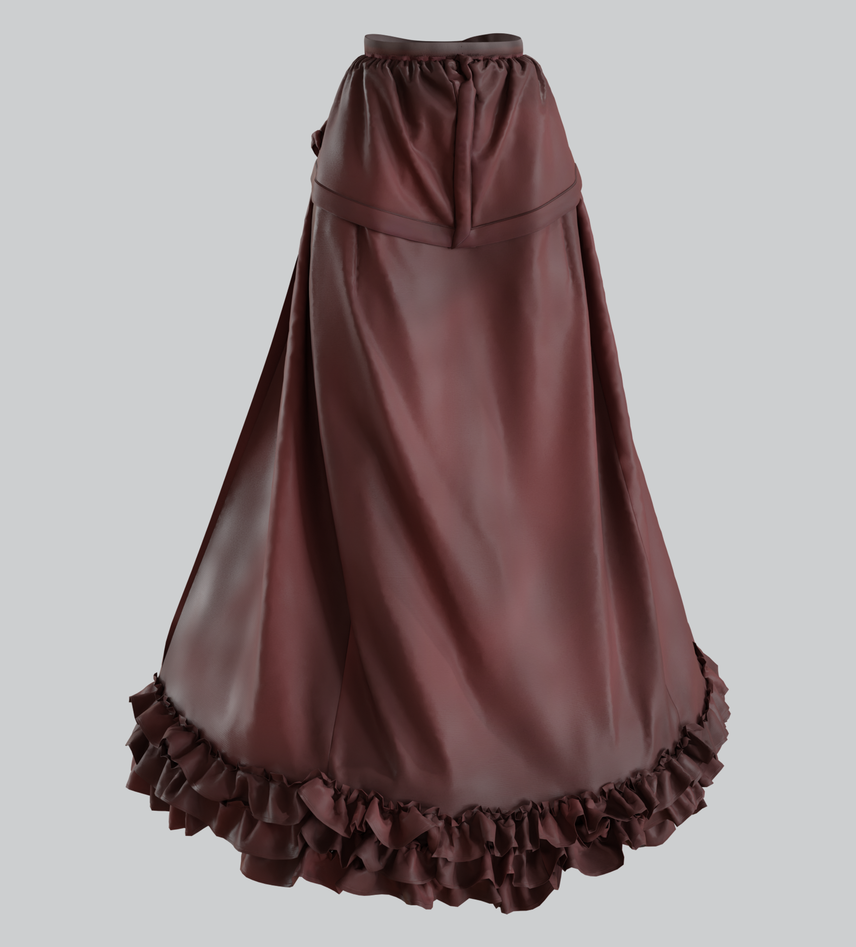 A voluminous, dark red satin skirt with a ruffled hem and a ruffled waistband.