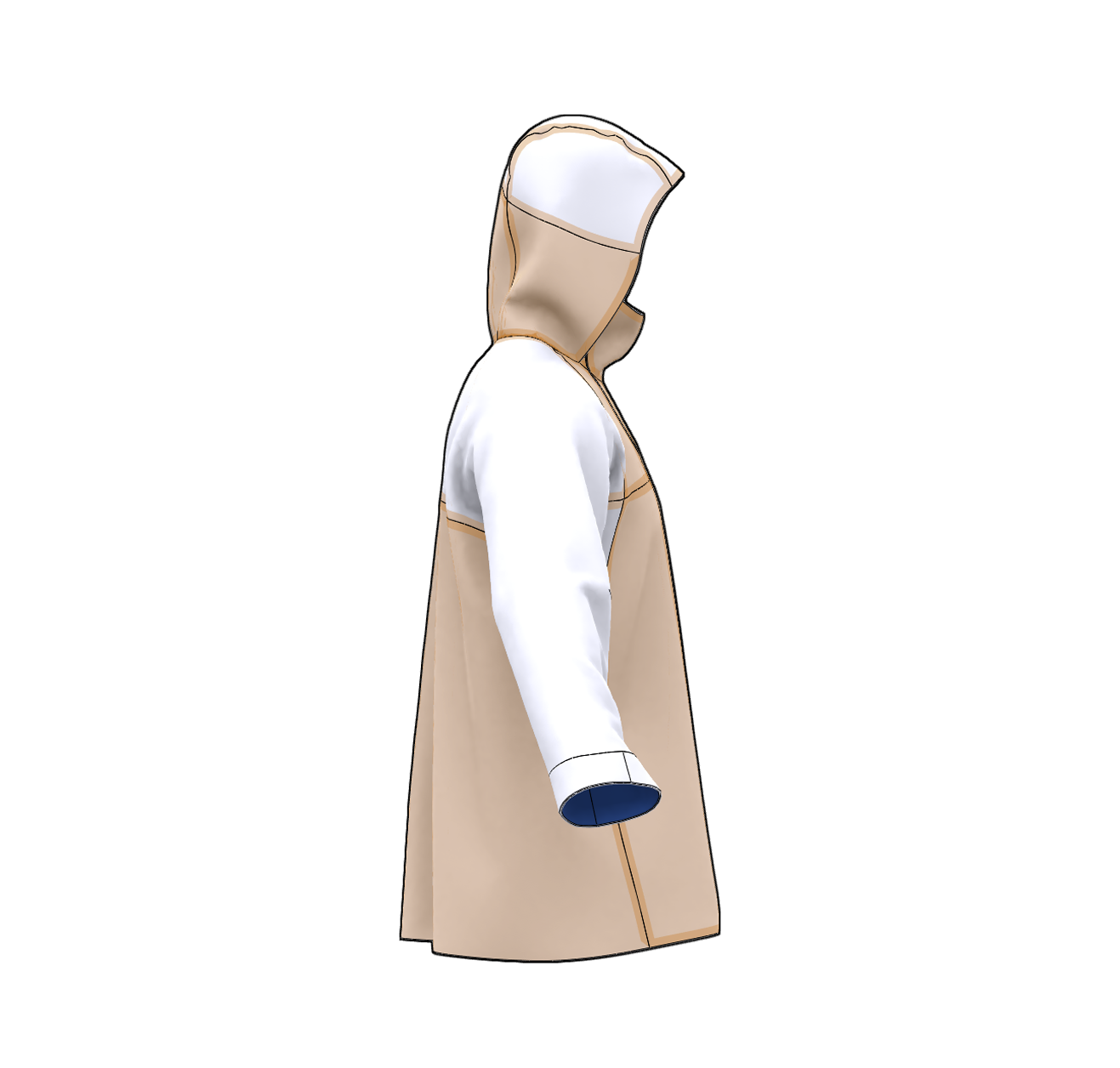 Side view of a beige hooded vest worn over a white long-sleeve shirt, with dark blue cuffs.