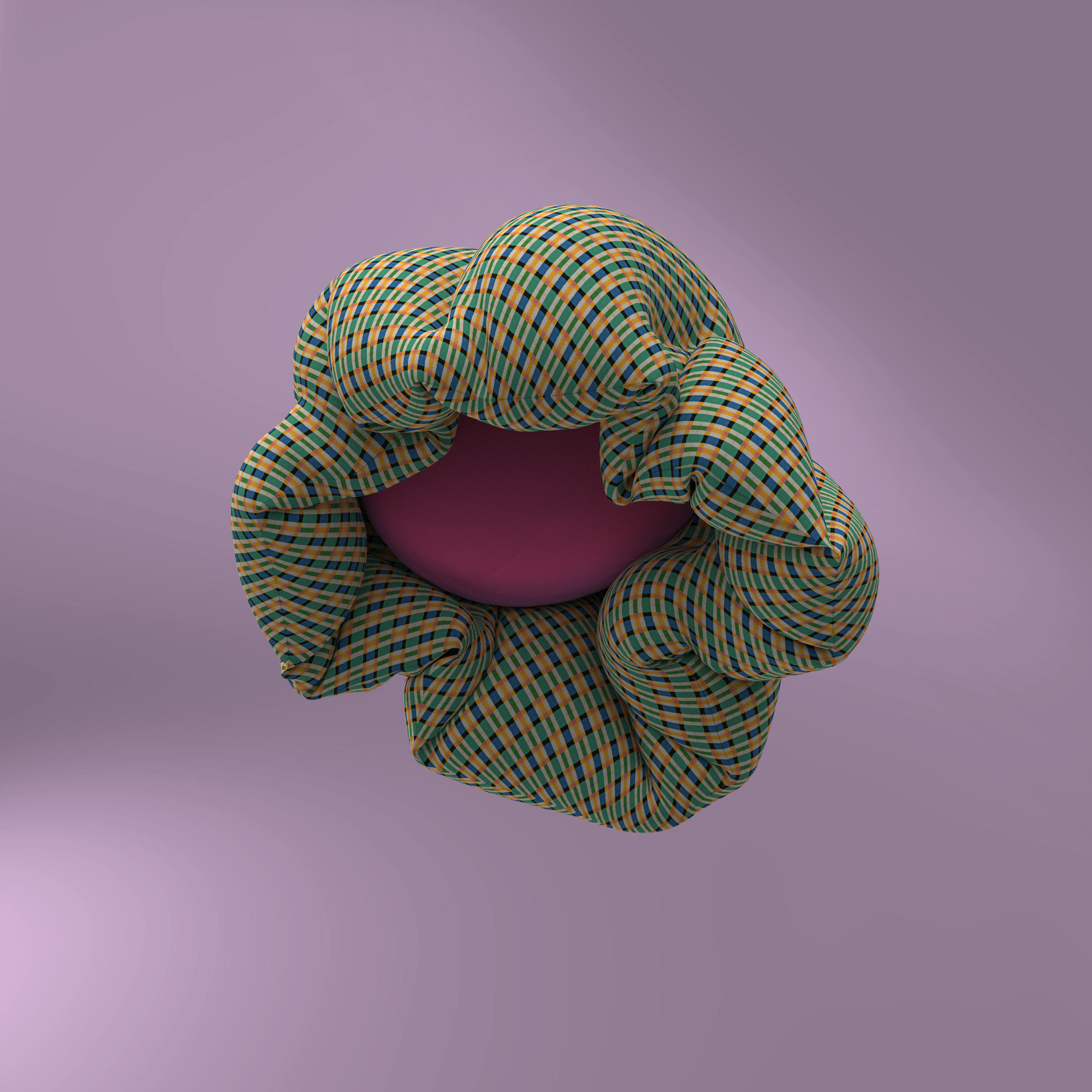 Clo3DD render of a strange puffy irregular fabric shape that is formed over a pink round ball shape. The fabric is a check pattern in yellows and blues. Against a lilac background