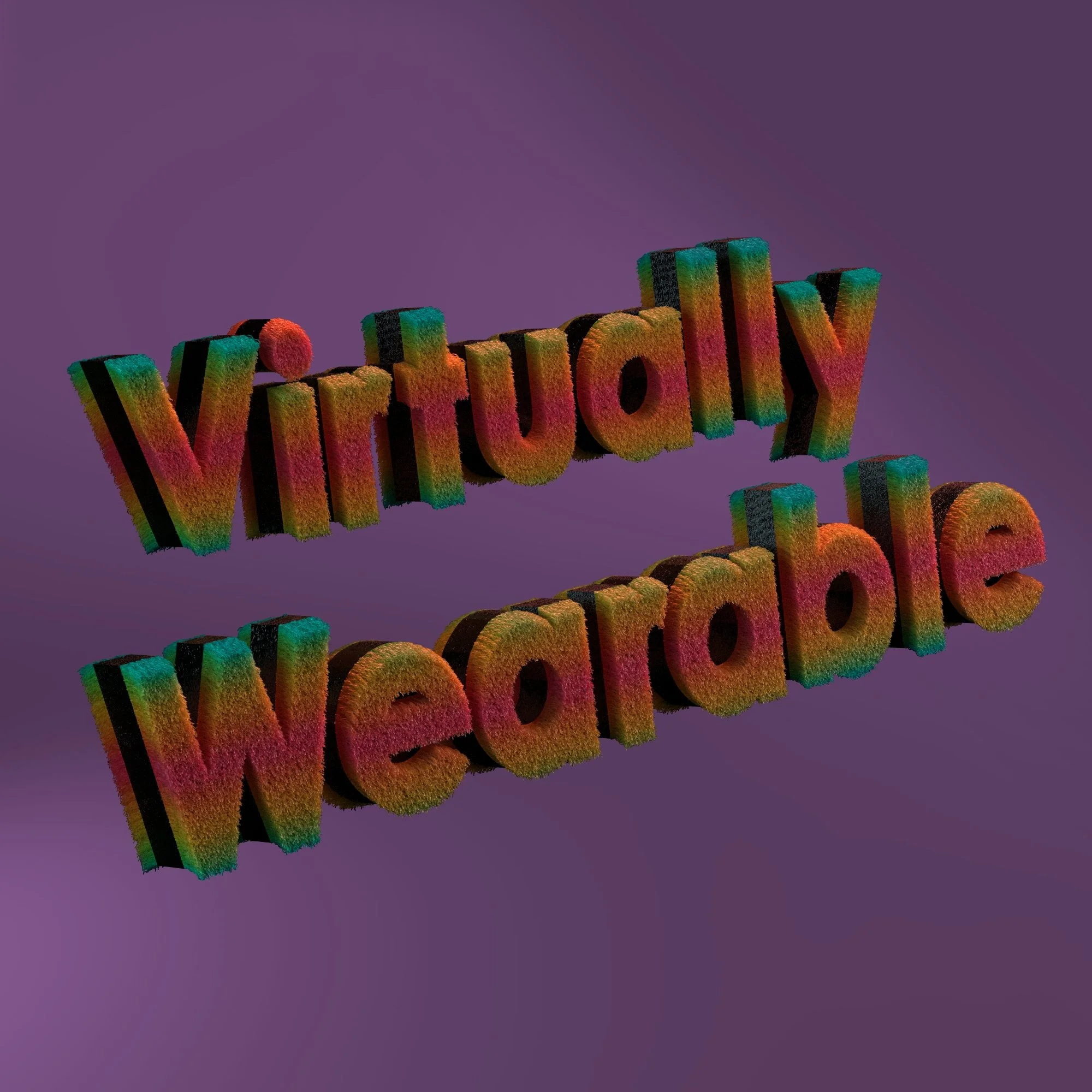 Virtually Wearable logo over a purple background. The logo is made of a multicolour fur, similar material to main logo at top of website