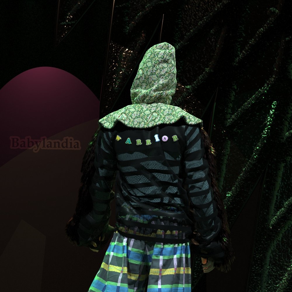 A mannequin dressed in a black, striped jacket with a multicolored, embroidered name patch on the back that spells 'WARLOPR'. The mannequin is also wearing a patterned hood and matching pants, standing against a dark, shiny, sequin background. The image appears to be from a display at Babylandia.