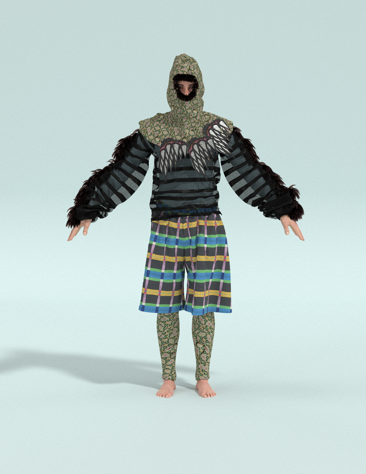 Person dressed in a layered, eclectic costume with patterned fabric, feathers, and face covering, standing barefoot against a plain background.