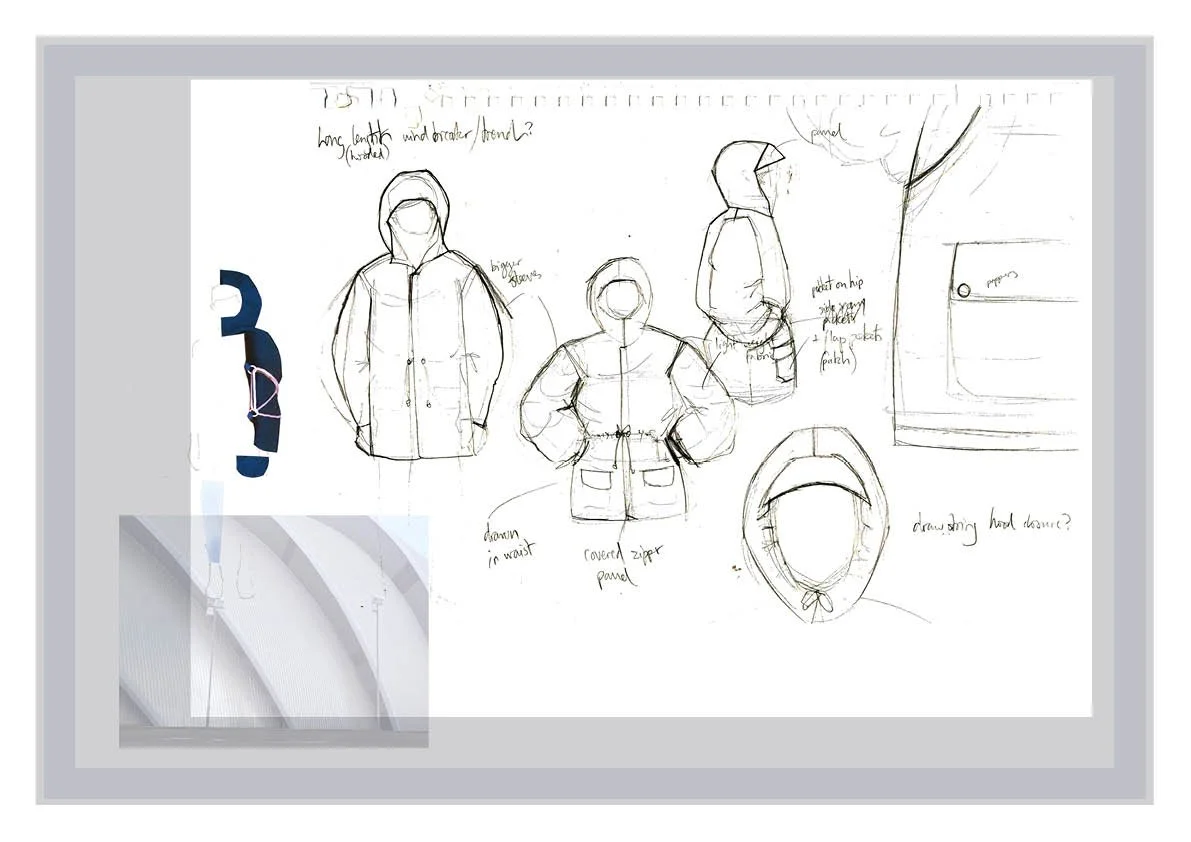 Sketches of a hooded jacket design with notes on details such as zip panels and hood construction, including front and back views, and a small inset photo of a modern architectural structure.