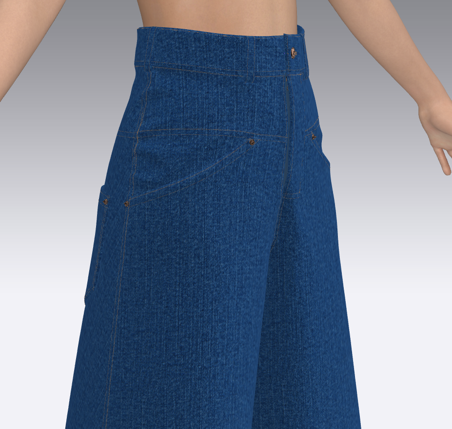 Close-up of a person wearing high-waisted blue denim jeans showing the front and side details.