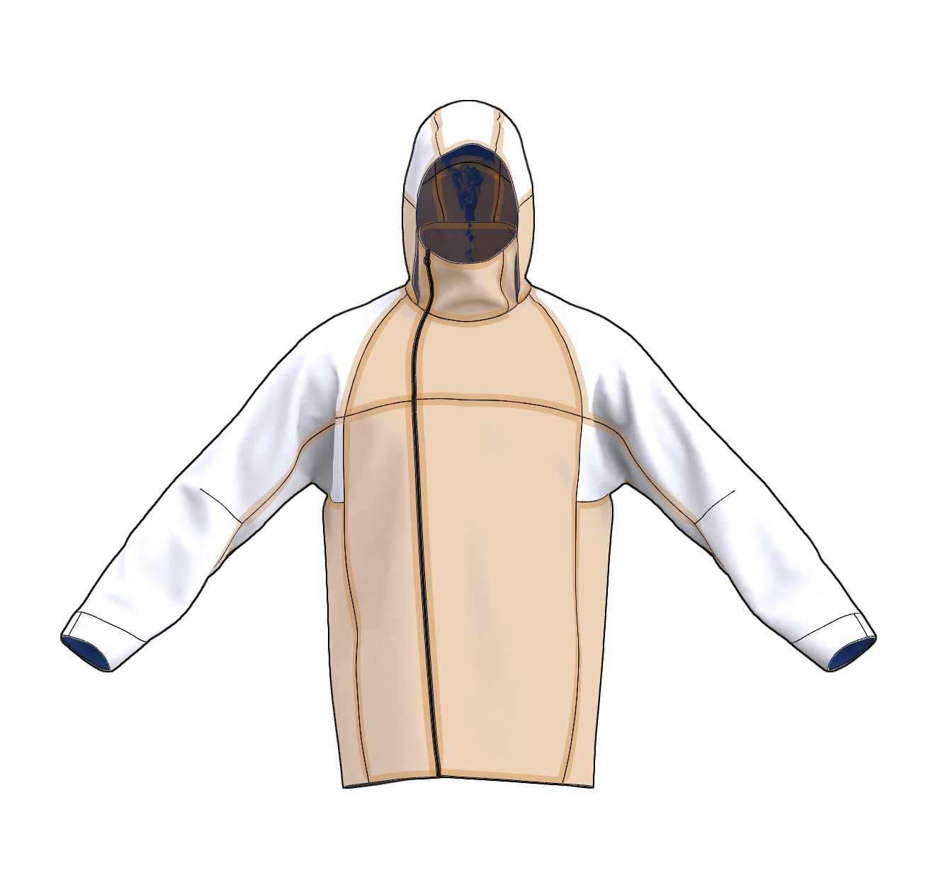 Illustration of a beige and white hazmat suit with a full face shield and a front zipper, displayed with arms extended outward.