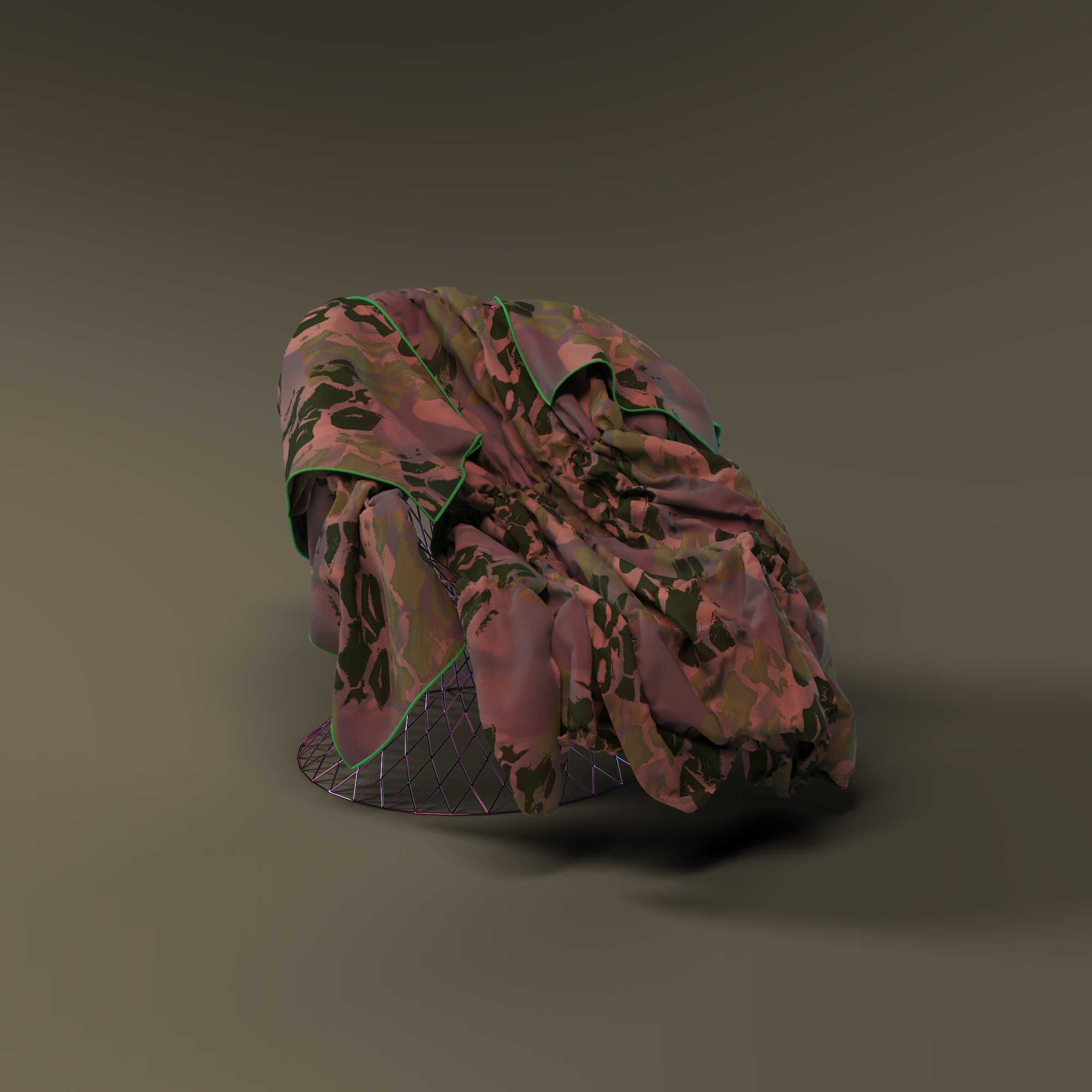render of 3d digital poncho garment in pink camo pattern draped on metal chair
