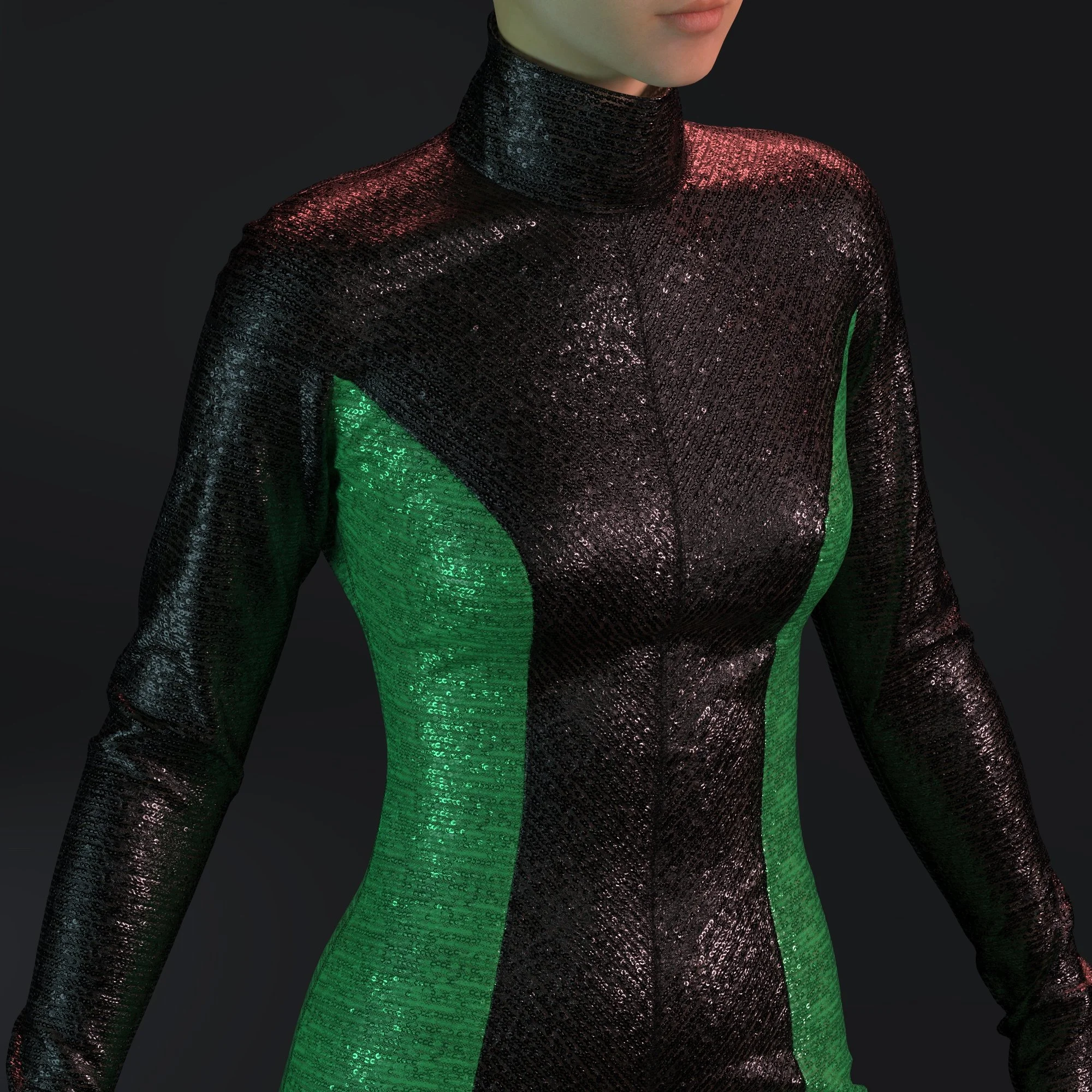Close up Clo3D render of a fitted panel dress made in a sequin fabric. The bodice side panels are in green, the rest of the dress is black. Set against a black background.