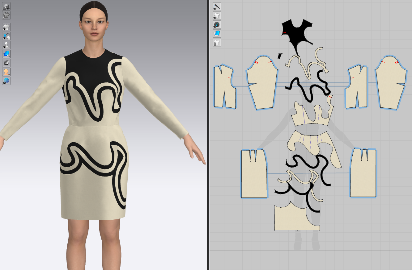 3D model of a woman wearing a dress with abstract black and white patterns, with the pattern layout displayed on a grid on the right.