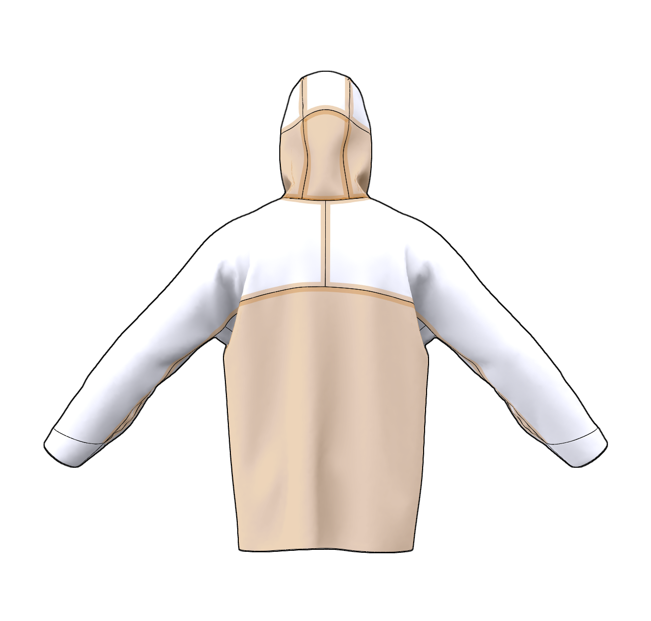 Illustration of a person wearing a beige and white protective hooded suit with black outlines, viewed from the back.